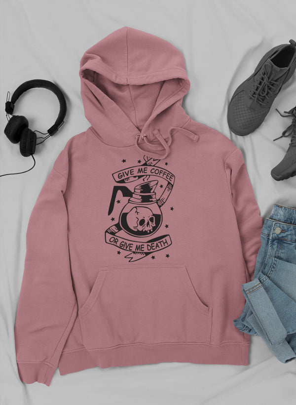 A cozy hoodie featuring the phrase 'Give Me Coffee Or Give Me Death' designed by top artists, showcasing a stylish and comfortable fit.