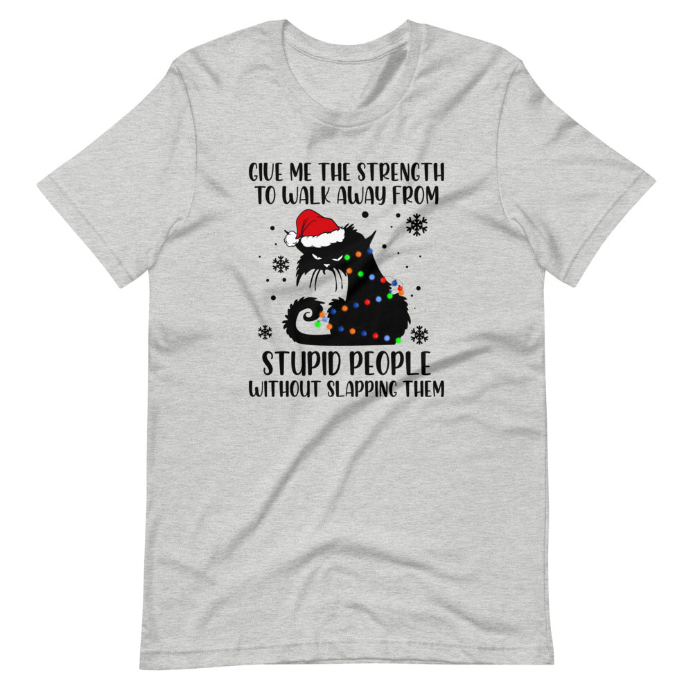 A stylish black t-shirt with the phrase 'Give Me The Strength to Walk Away' printed on it, showcasing its soft fabric and durable stitching.