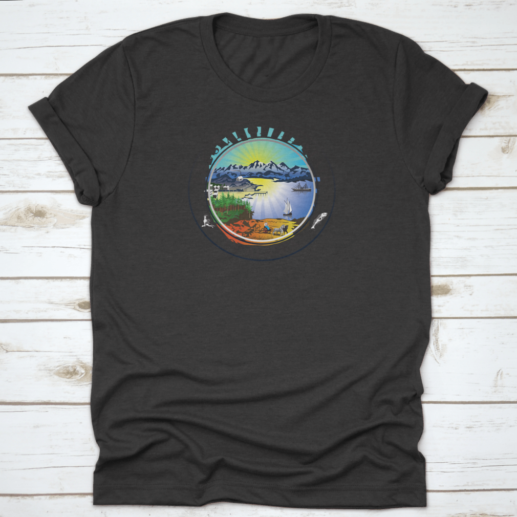 A stylish t-shirt featuring a glacial ice mountain landscape with ocean water, showcasing vibrant colors and intricate details.