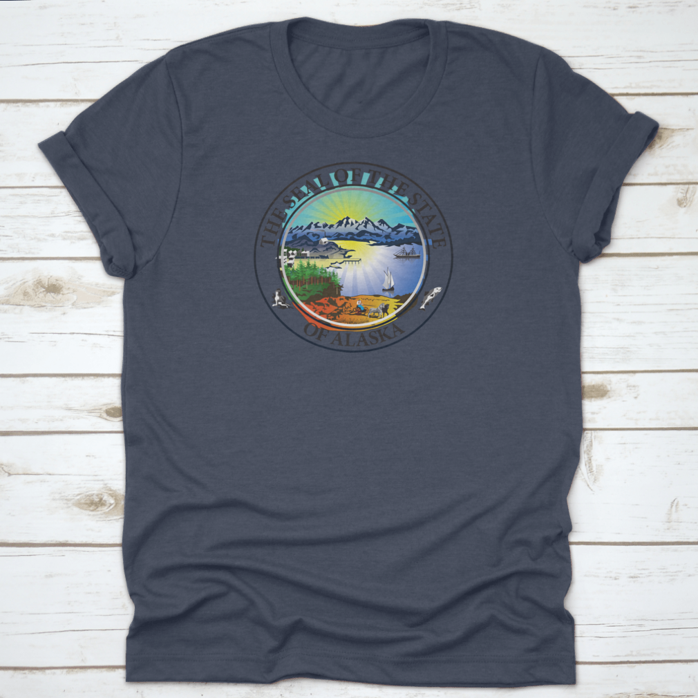 A stylish t-shirt featuring a glacial ice mountain landscape with ocean water, showcasing vibrant colors and intricate details.