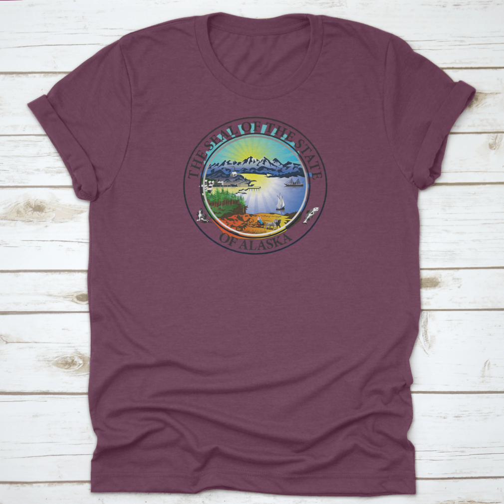 A stylish t-shirt featuring a glacial ice mountain landscape with ocean water, showcasing vibrant colors and intricate details.