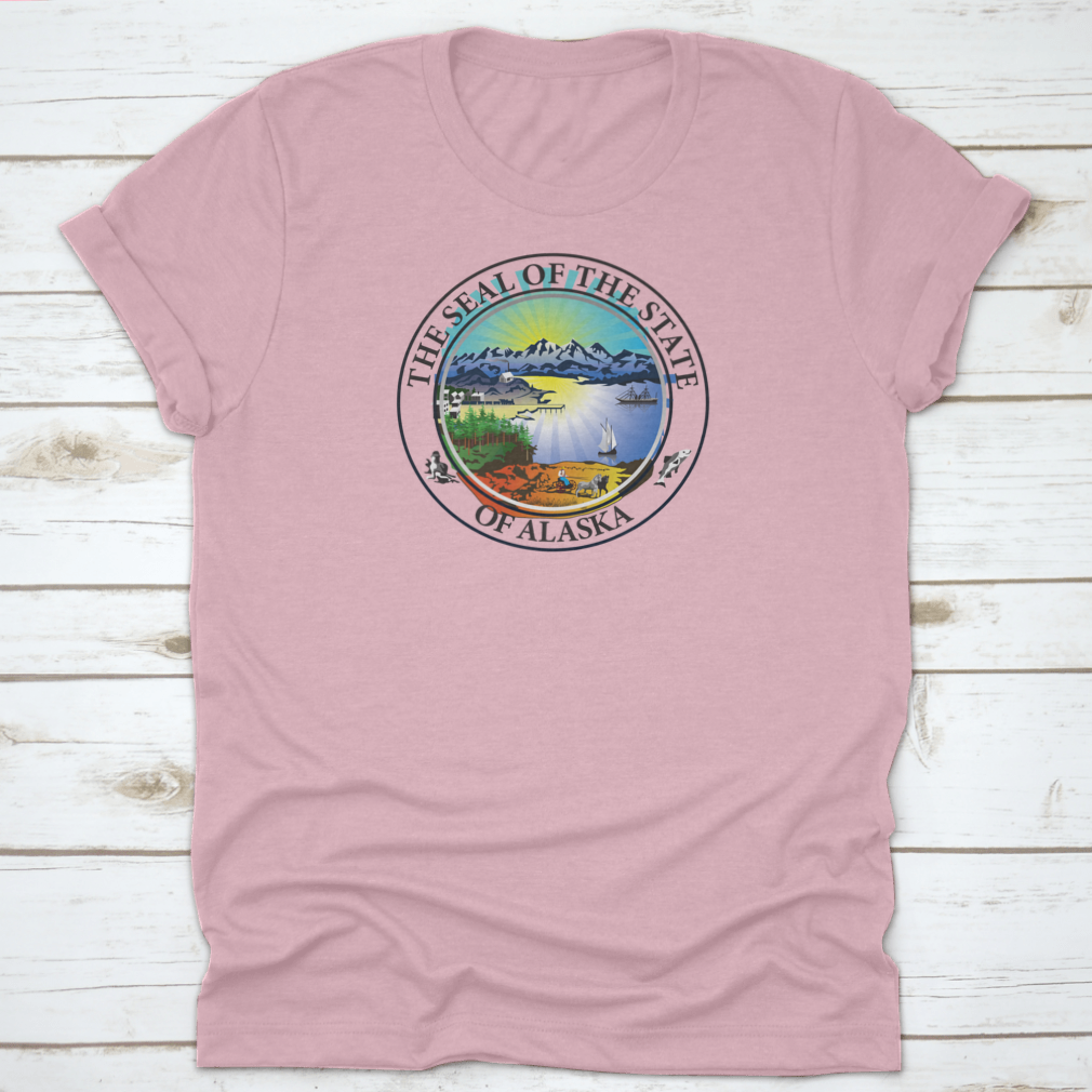 A stylish t-shirt featuring a glacial ice mountain landscape with ocean water, showcasing vibrant colors and intricate details.