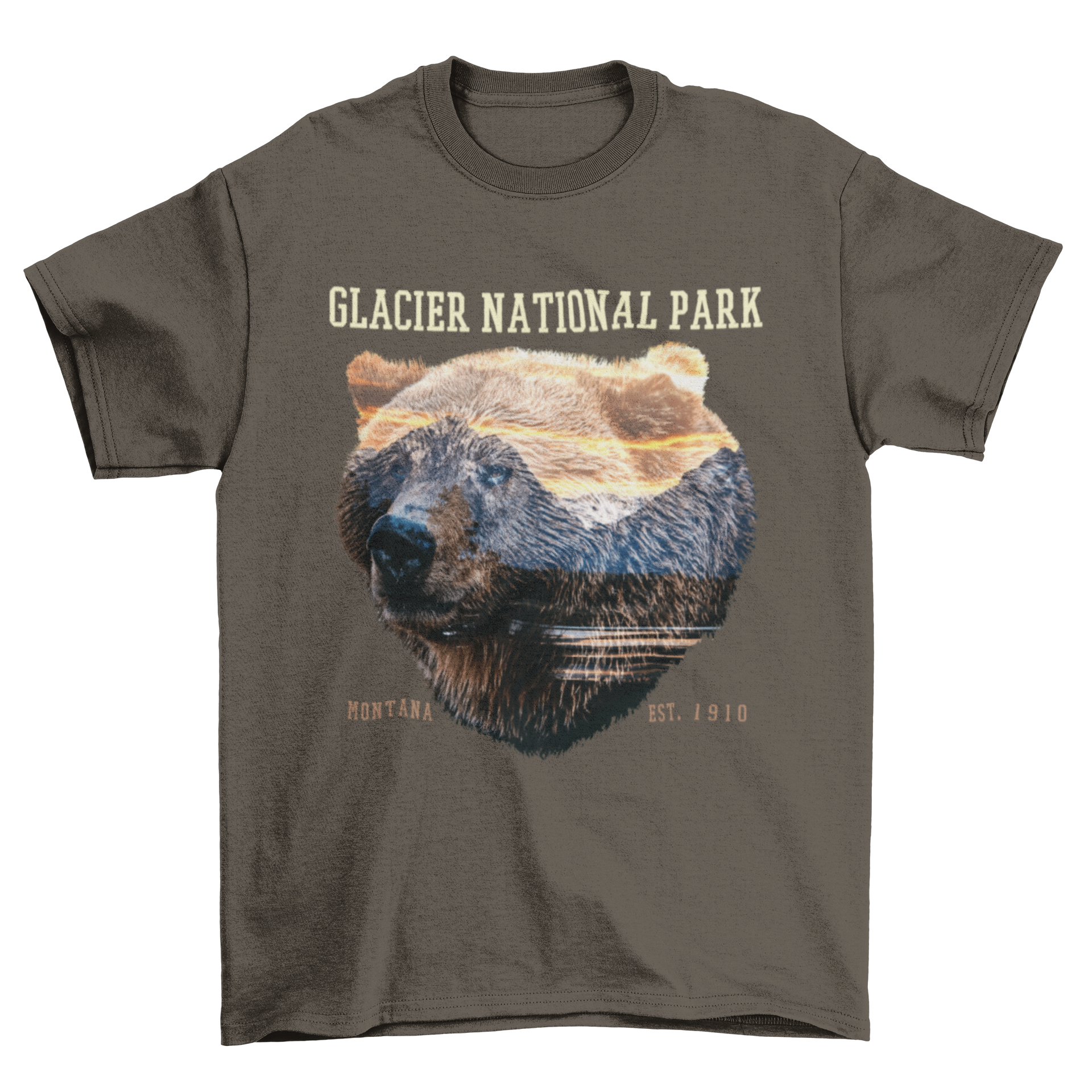 A bear silhouette over a scenic mountain landscape, representing Glacier National Park, featured on a stylish t-shirt.