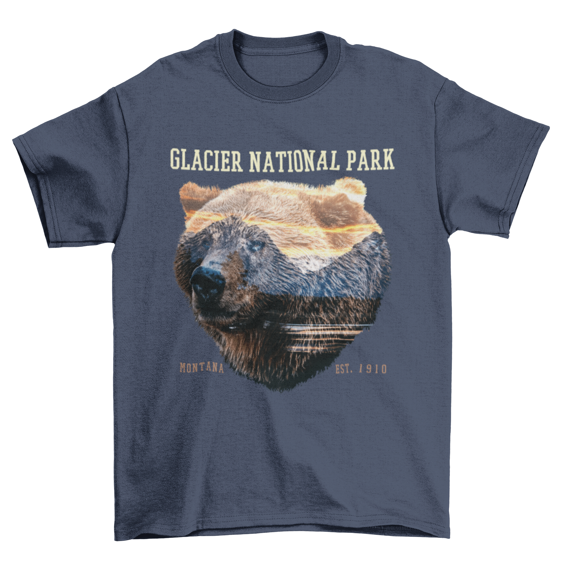 A bear silhouette over a scenic mountain landscape, representing Glacier National Park, featured on a stylish t-shirt.