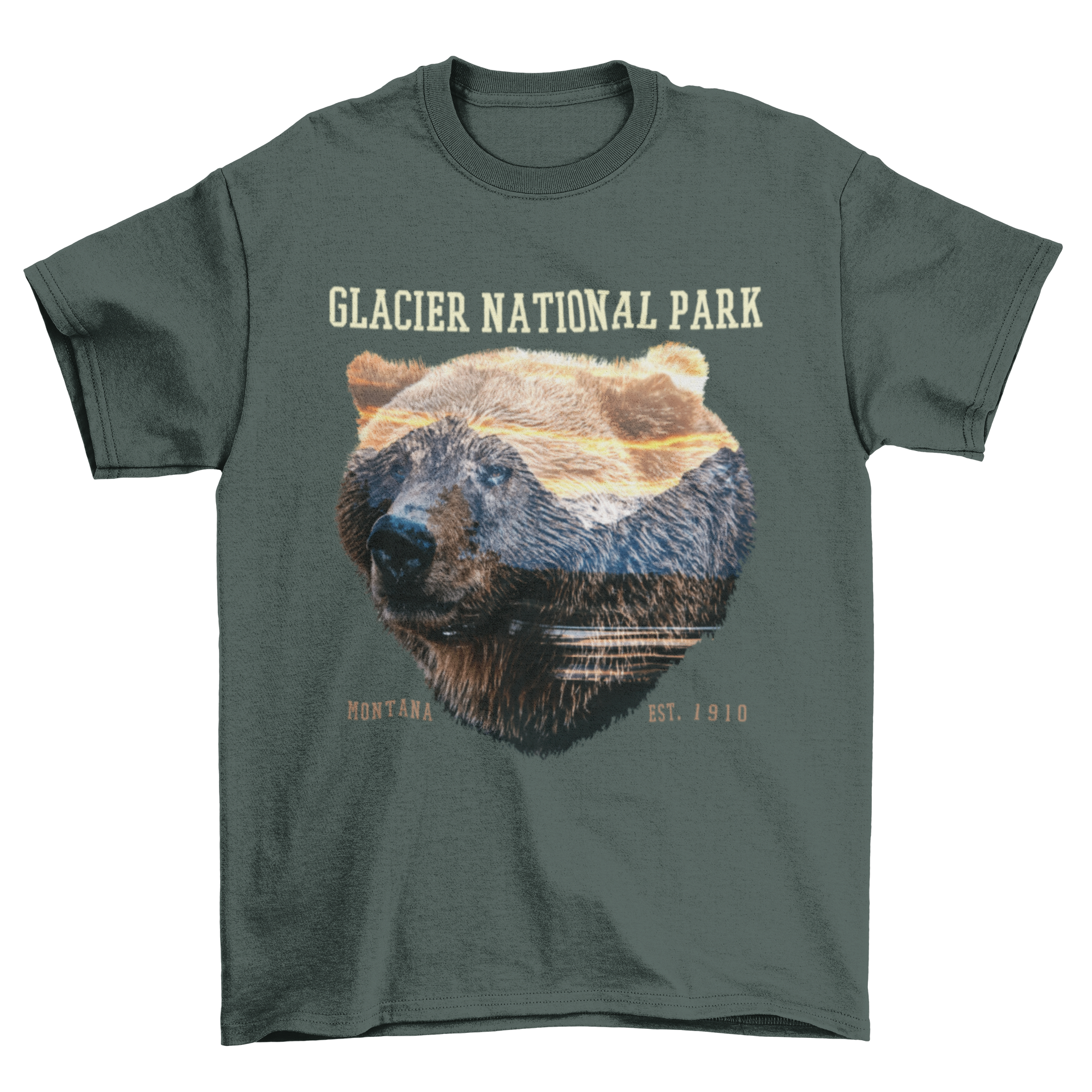 A bear silhouette over a scenic mountain landscape, representing Glacier National Park, featured on a stylish t-shirt.