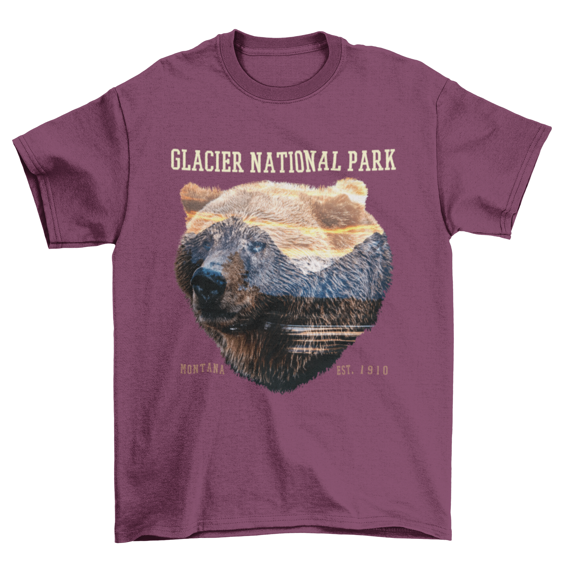 A bear silhouette over a scenic mountain landscape, representing Glacier National Park, featured on a stylish t-shirt.