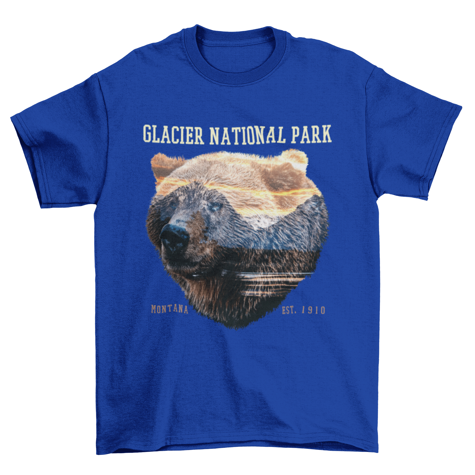 A bear silhouette over a scenic mountain landscape, representing Glacier National Park, featured on a stylish t-shirt.
