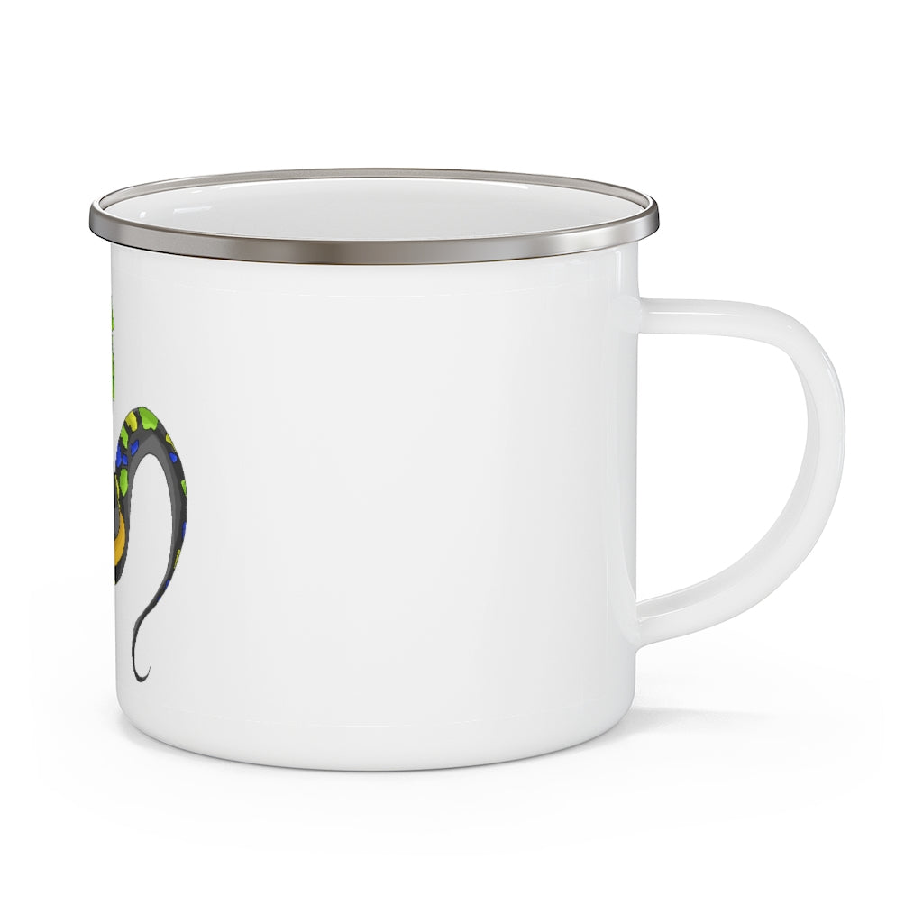 Glisstron Enamel Camping Mug in a natural outdoor setting, showcasing its durable design and customizable printing.