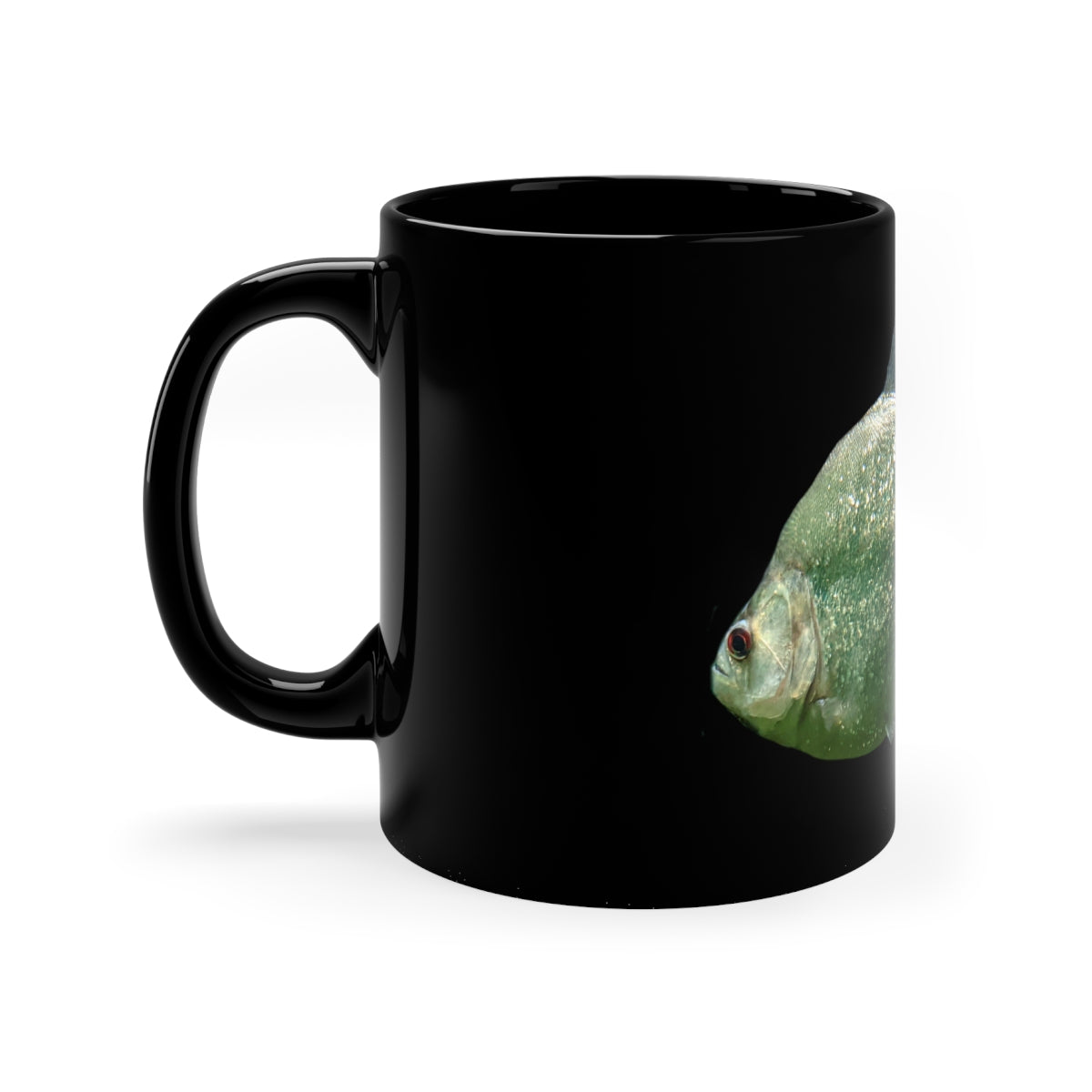 Glitter Green Fish design on an 11oz black ceramic mug, showcasing its elegant and durable construction.