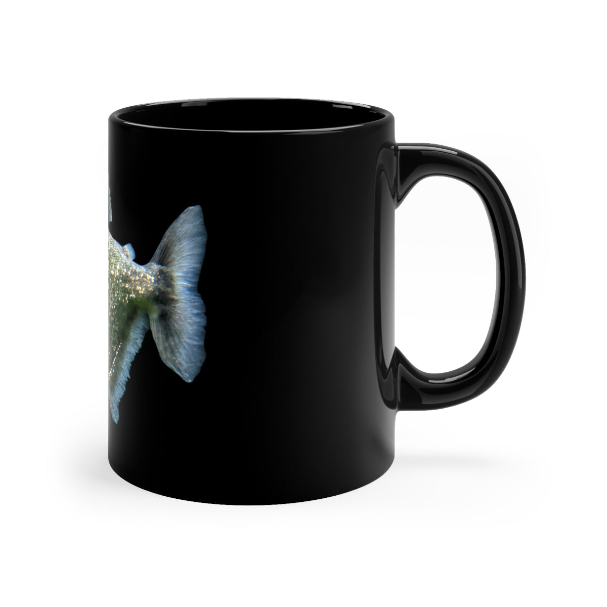 Glitter Green Fish design on an 11oz black ceramic mug, showcasing its elegant and durable construction.