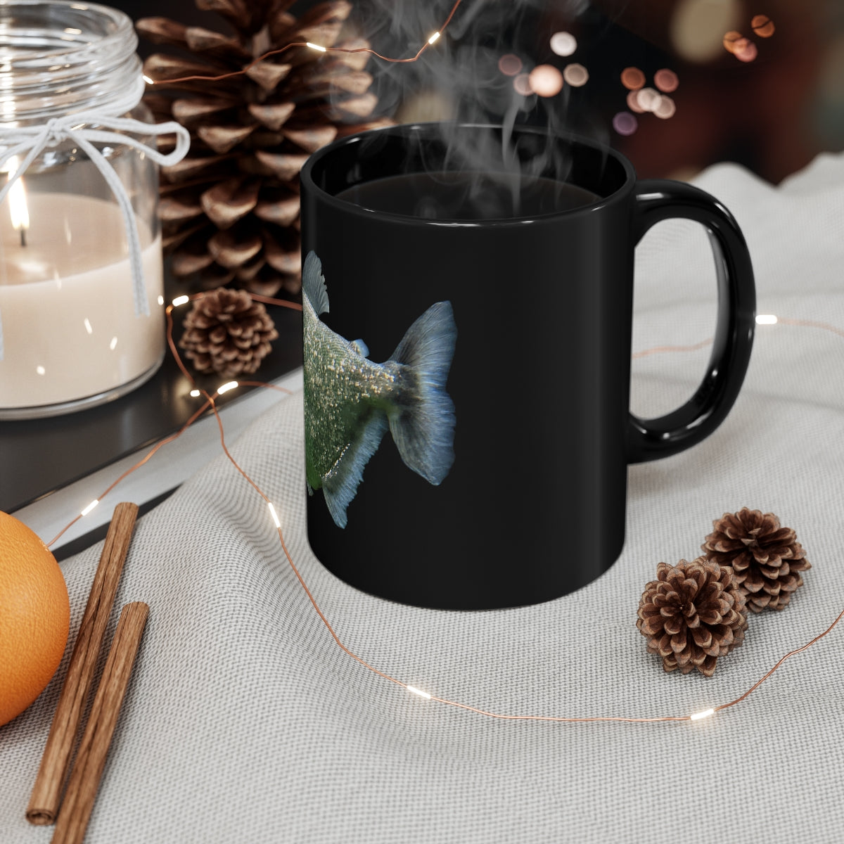 Glitter Green Fish design on an 11oz black ceramic mug, showcasing its elegant and durable construction.