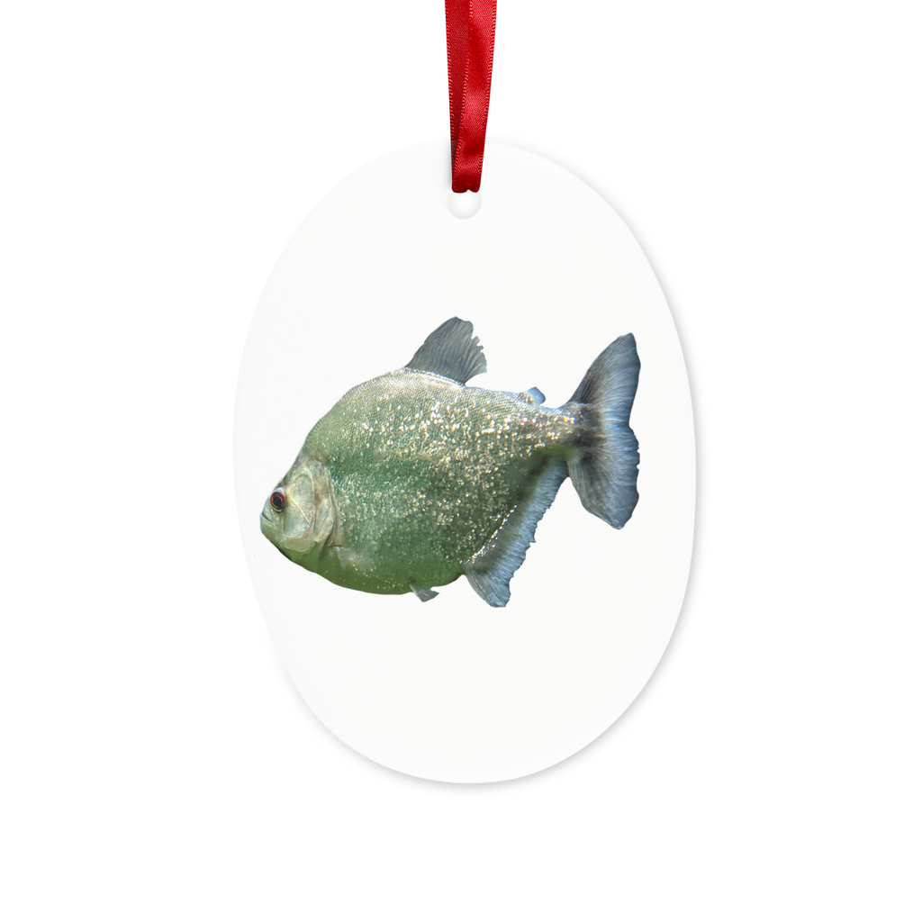 Glitter Green Fish Ceramic Hanging Ornament with red ribbon and gold string, beautifully crafted for holiday decor.