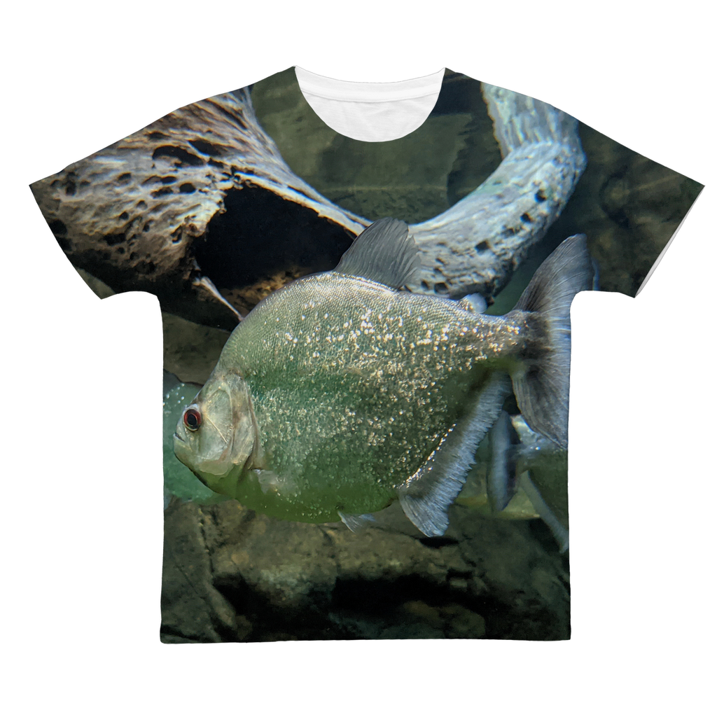 Glitter Green Fish Classic Sublimation Adult T-Shirt featuring a vibrant fish design on a soft polyester fabric.