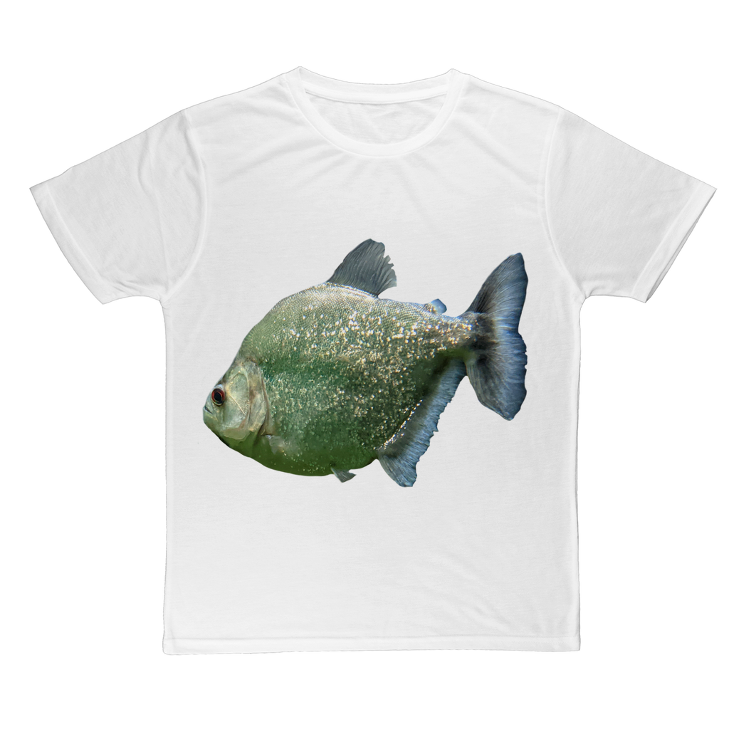 Glitter Green Fish Classic Sublimation Adult T-Shirt featuring a vibrant fish design on a soft polyester fabric.