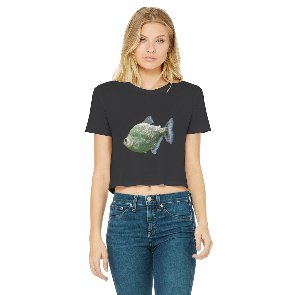 Glitter Green Fish Classic Women's Cropped Raw Edge T-Shirt featuring a round neck and short sleeves, showcasing a trendy cropped design.