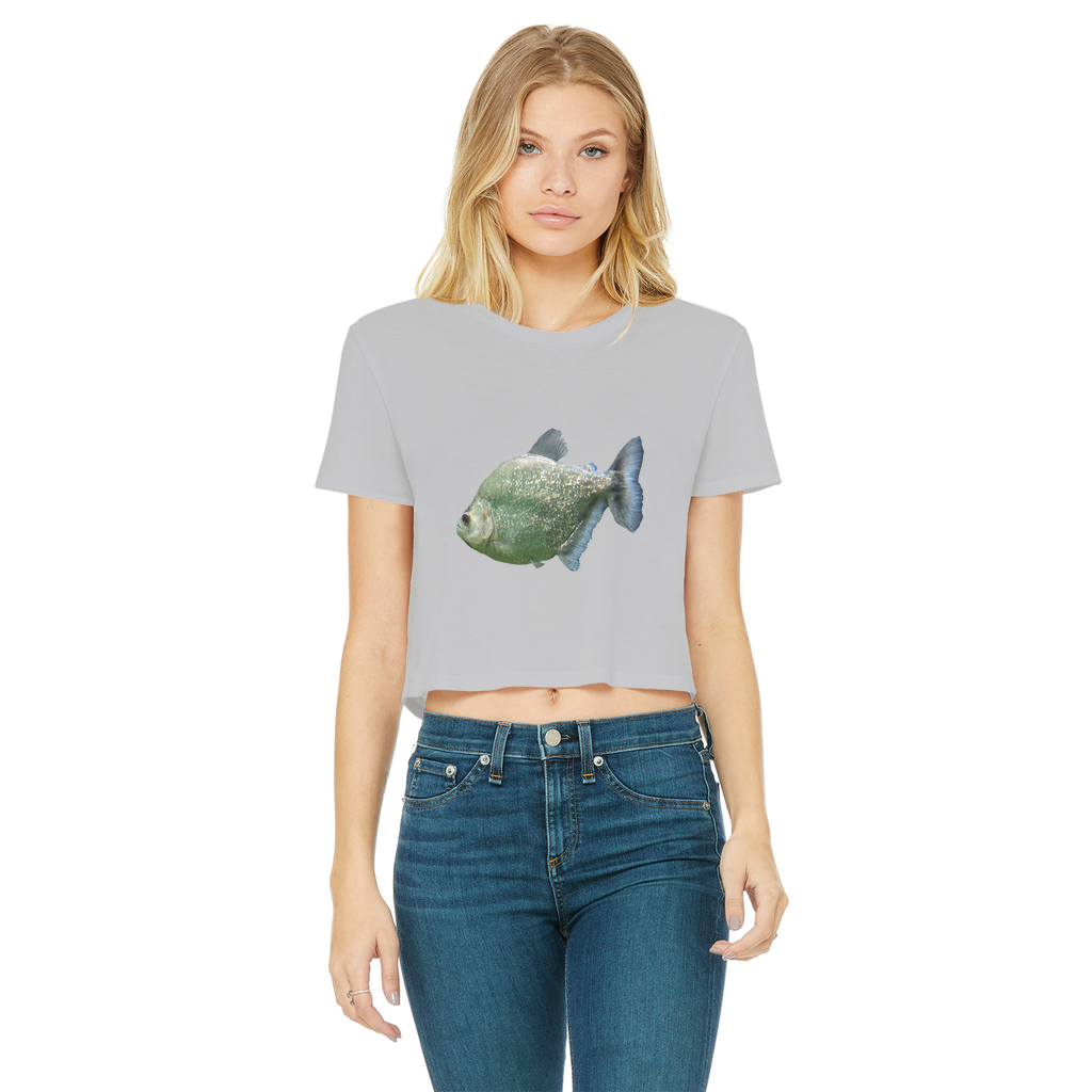 Glitter Green Fish Classic Women's Cropped Raw Edge T-Shirt featuring a round neck and short sleeves, showcasing a trendy cropped design.