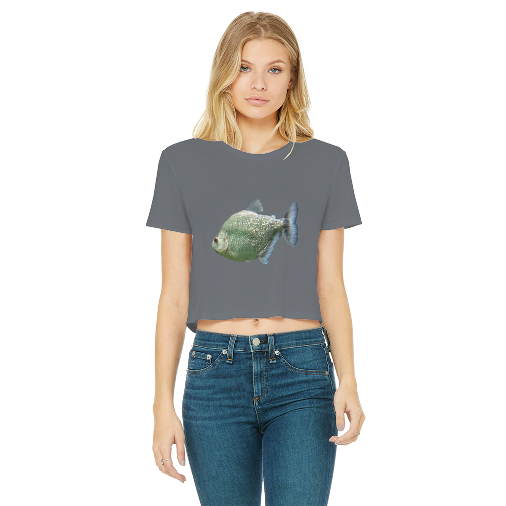 Glitter Green Fish Classic Women's Cropped Raw Edge T-Shirt featuring a round neck and short sleeves, showcasing a trendy cropped design.