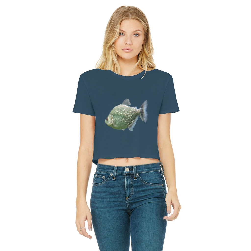 Glitter Green Fish Classic Women's Cropped Raw Edge T-Shirt featuring a round neck and short sleeves, showcasing a trendy cropped design.