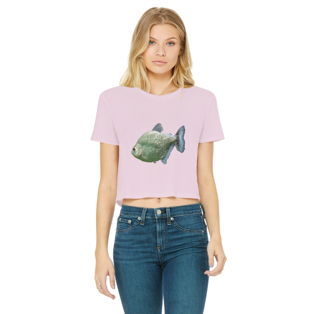 Glitter Green Fish Classic Women's Cropped Raw Edge T-Shirt featuring a round neck and short sleeves, showcasing a trendy cropped design.