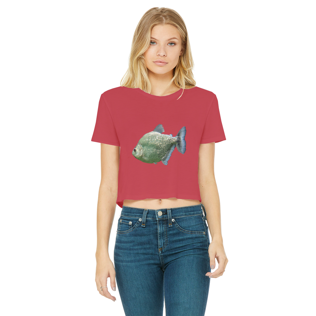 Glitter Green Fish Classic Women's Cropped Raw Edge T-Shirt featuring a round neck and short sleeves, showcasing a trendy cropped design.