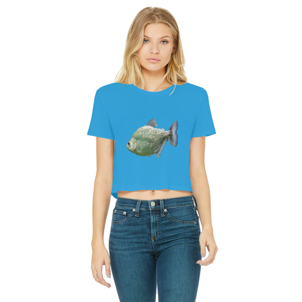 Glitter Green Fish Classic Women's Cropped Raw Edge T-Shirt featuring a round neck and short sleeves, showcasing a trendy cropped design.