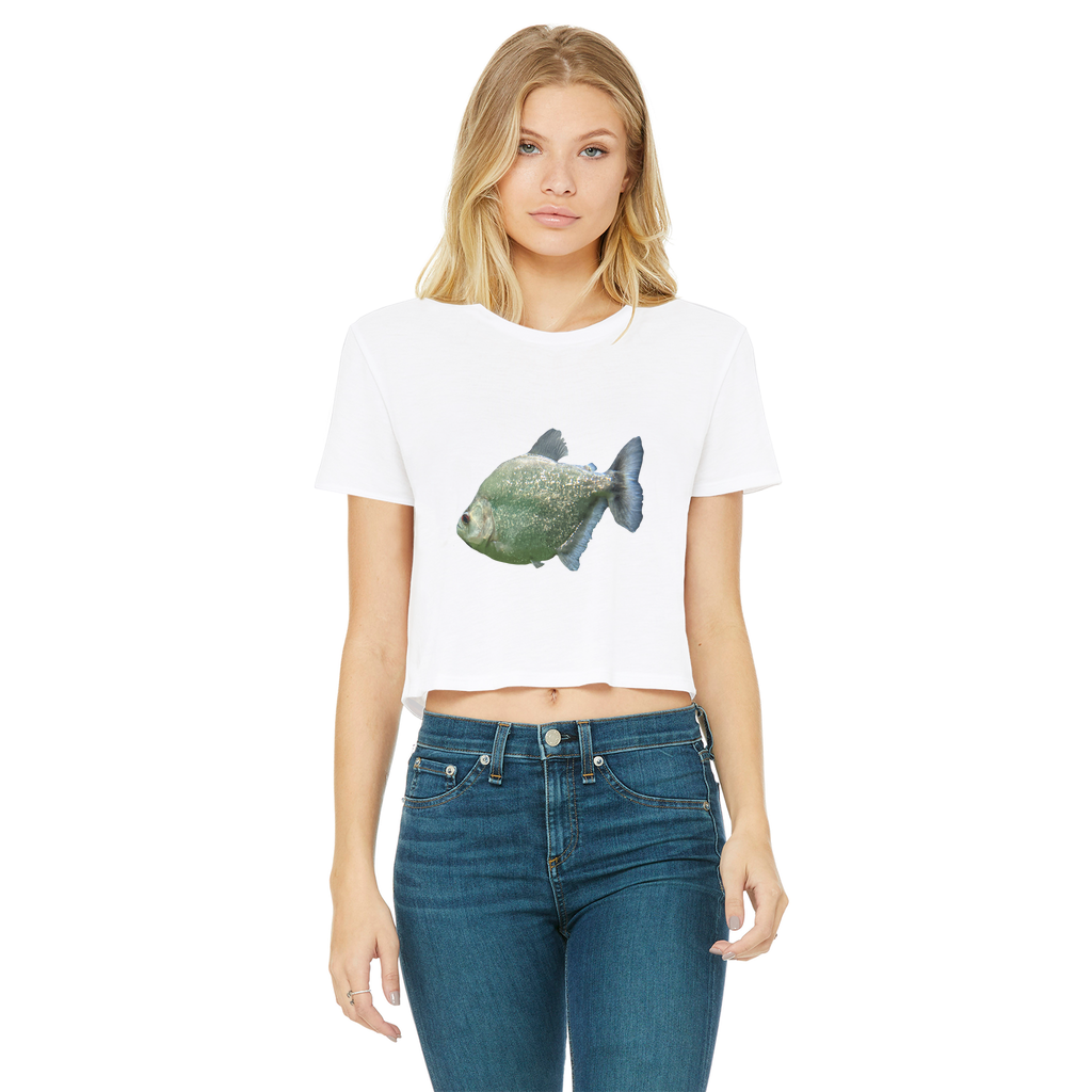 Glitter Green Fish Classic Women's Cropped Raw Edge T-Shirt featuring a round neck and short sleeves, showcasing a trendy cropped design.