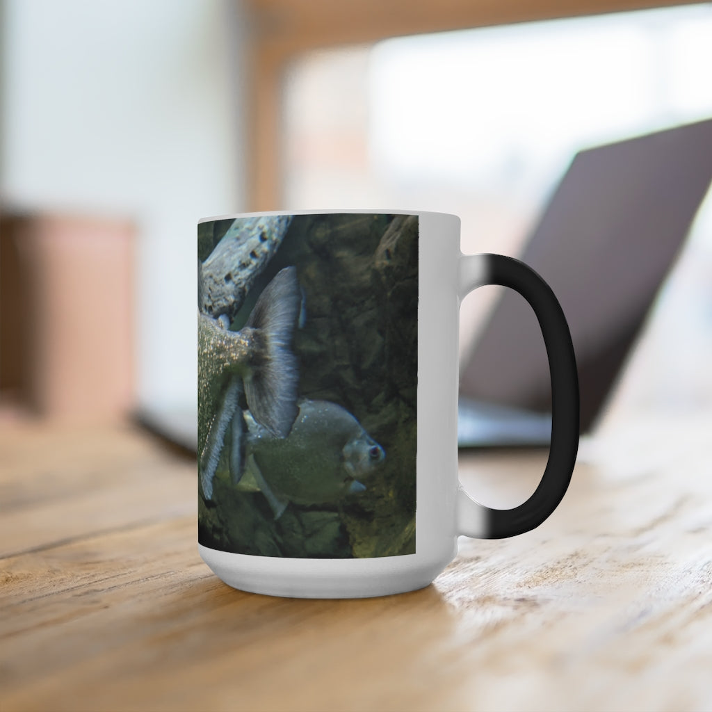 Glitter Green Fish Color Changing Mug showcasing vibrant colors and whimsical design, perfect for warm beverages.