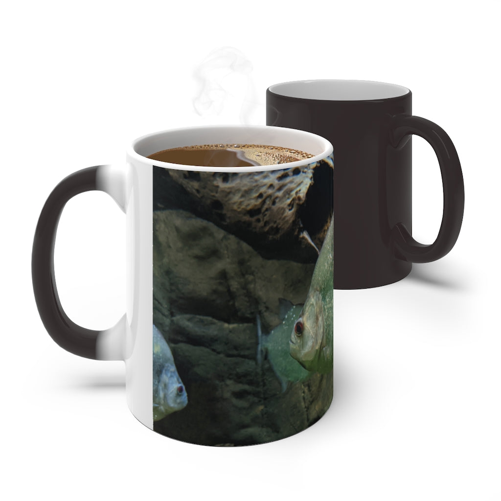 Glitter Green Fish Color Changing Mug showcasing vibrant colors and whimsical design, perfect for warm beverages.
