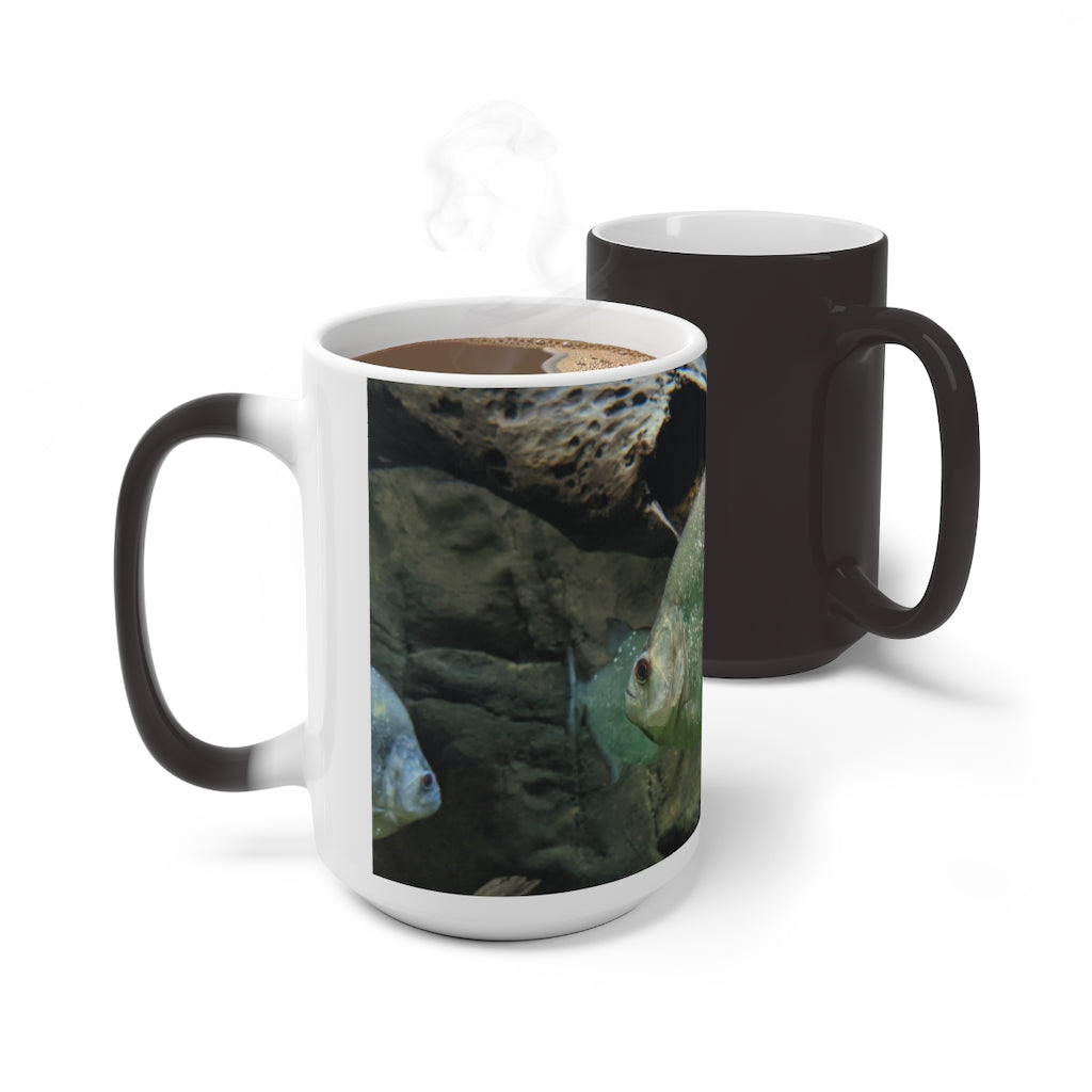 Glitter Green Fish Color Changing Mug showcasing vibrant colors and whimsical design, perfect for warm beverages.