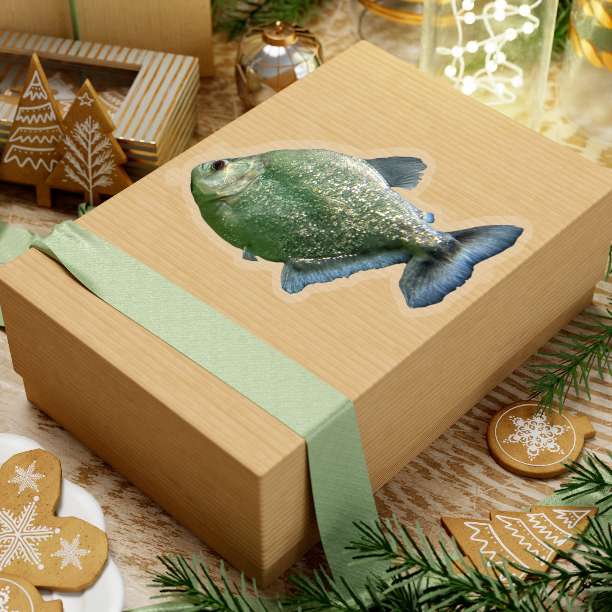 Glitter Green Fish Kiss-Cut Stickers showcasing vibrant colors and unique shapes, perfect for creative projects.