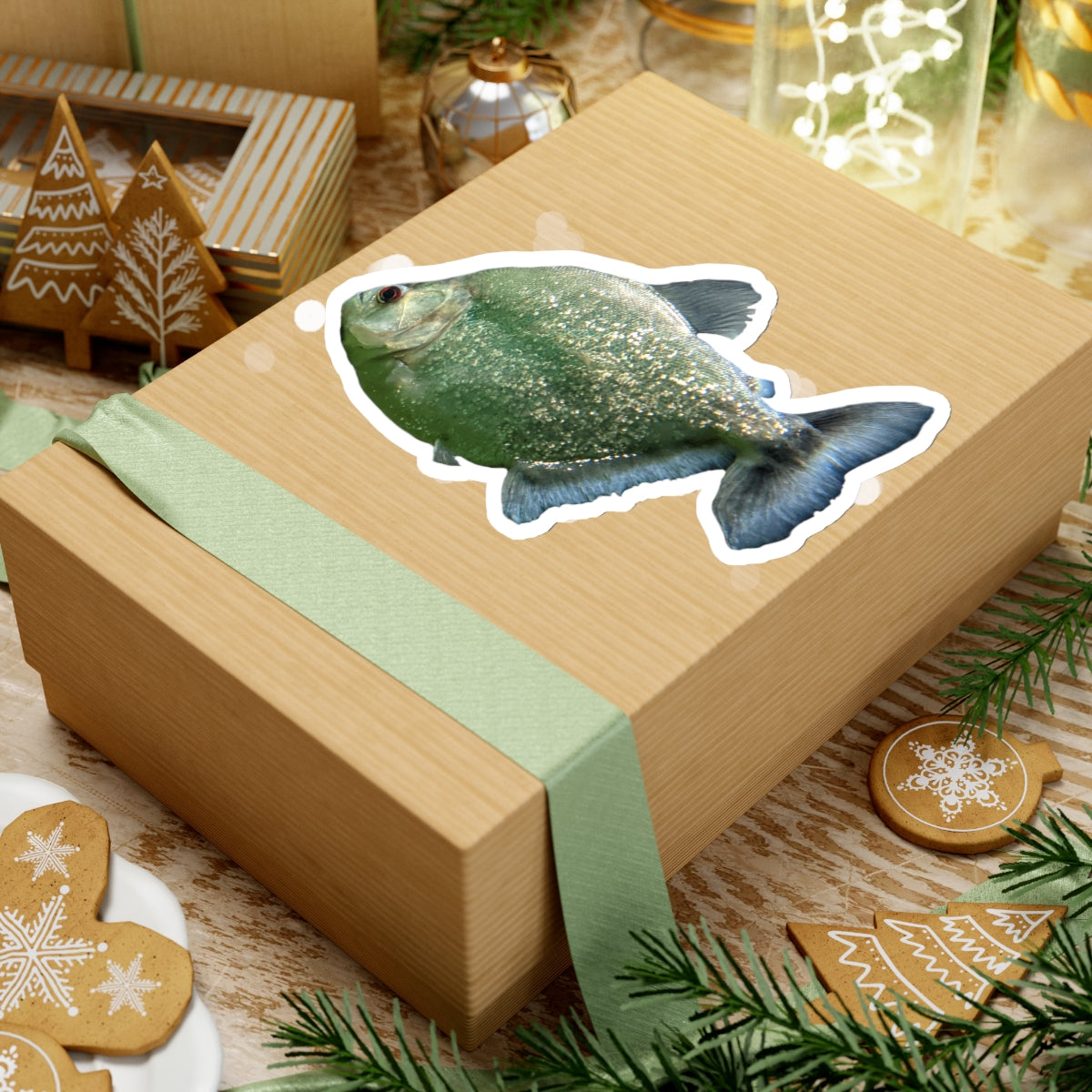 Glitter Green Fish Kiss-Cut Stickers showcasing vibrant colors and unique shapes, perfect for creative projects.