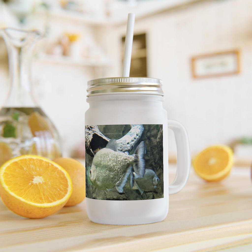 Glitter Green Fish Mason Jar with straw and lid, showcasing a frosted glass design and vibrant green fish pattern.