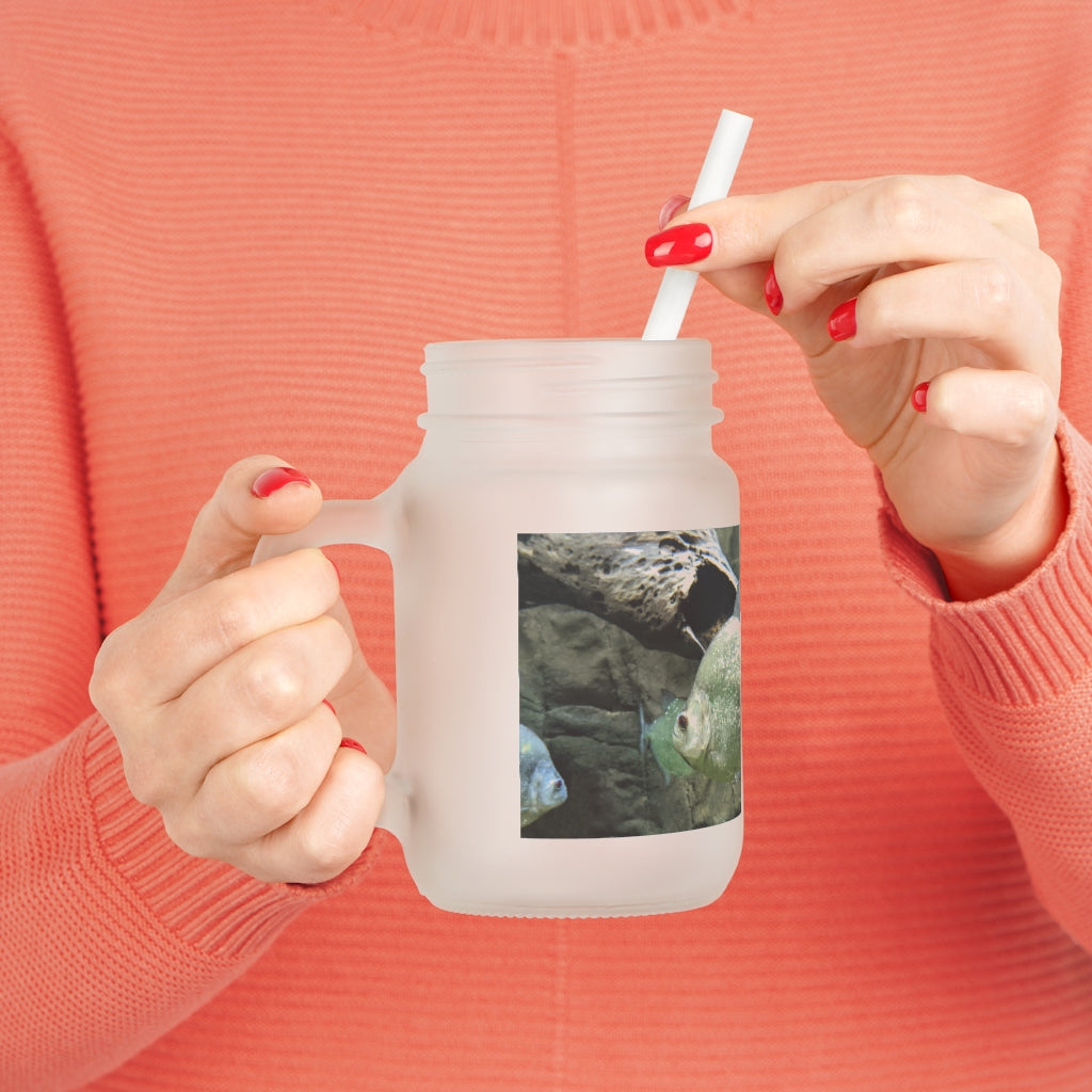 Glitter Green Fish Mason Jar with straw and lid, showcasing a frosted glass design and vibrant green fish pattern.