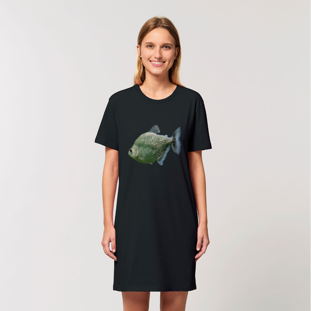 A stylish Glitter Green Fish Organic T-Shirt Dress made from 100% organic cotton, featuring a comfortable fit and vibrant design.