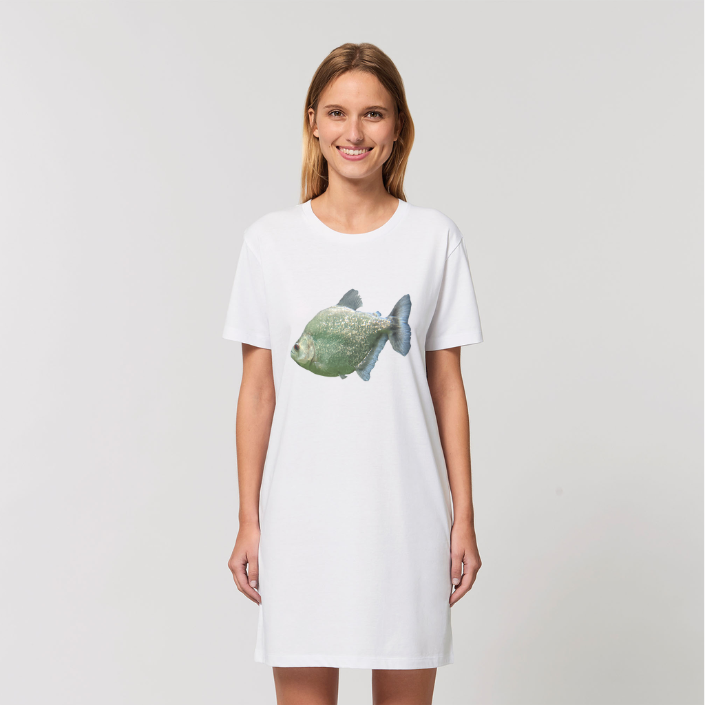 A stylish Glitter Green Fish Organic T-Shirt Dress made from 100% organic cotton, featuring a comfortable fit and vibrant design.