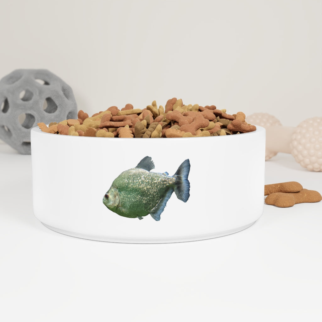 A stylish Glitter Green Fish Pet Bowl made of white ceramic with a vibrant glitter green fish design, perfect for feeding pets.