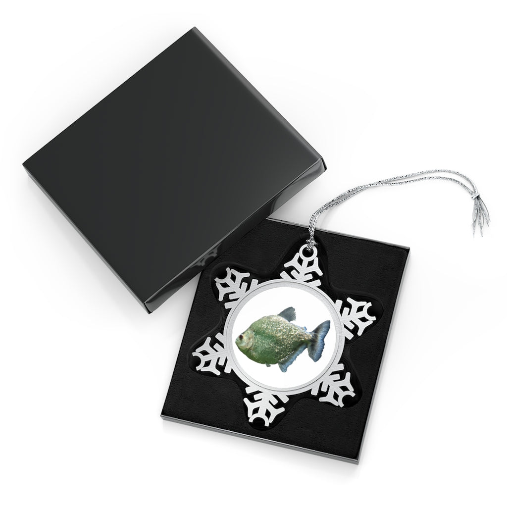 Glitter Green Fish Pewter Snowflake Ornament with silver-toned hanging string, showcasing its unique snowflake design and vibrant colors.