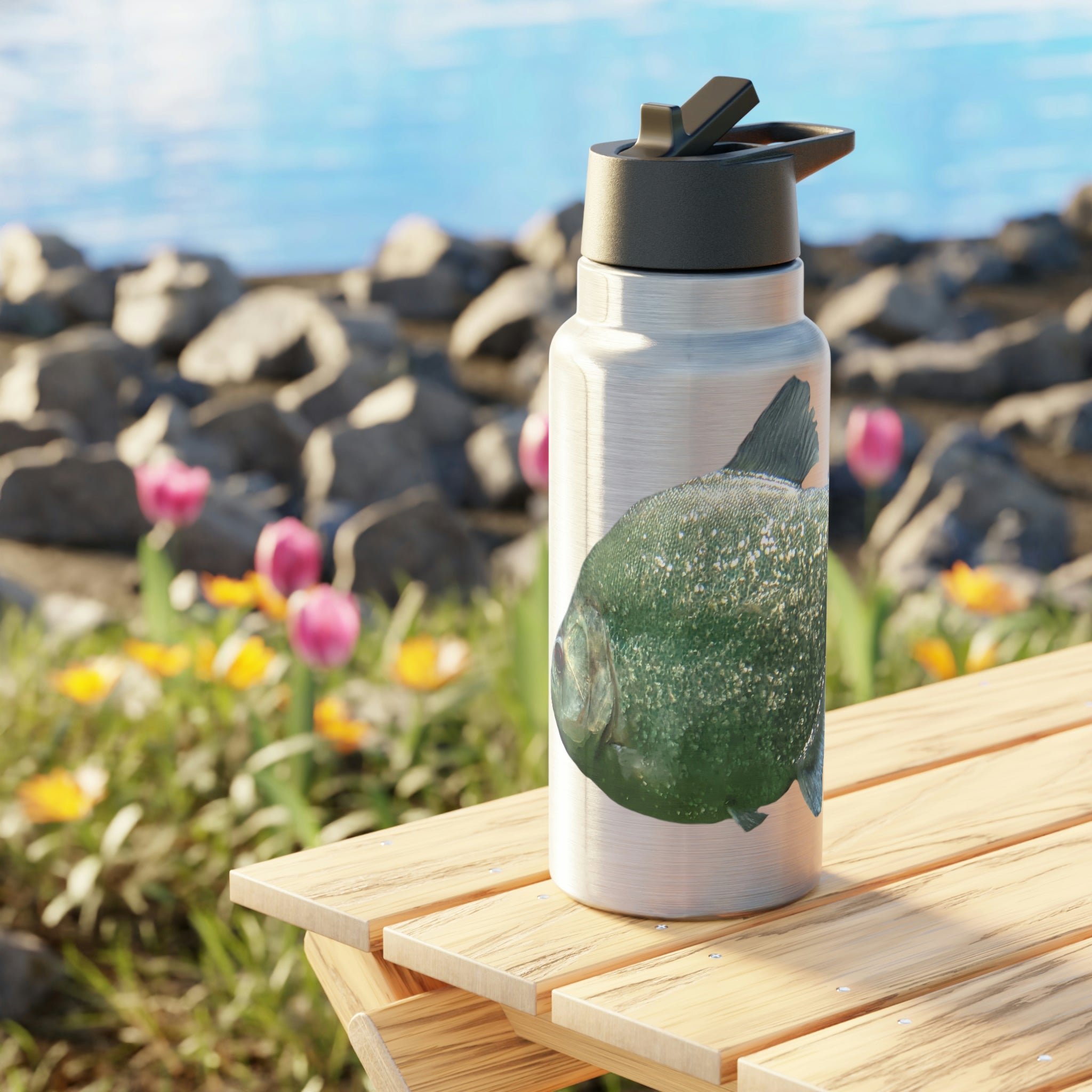 Glitter Green Fish Piranha Gator Tumbler, 32oz, showcasing vibrant design and stainless steel construction.