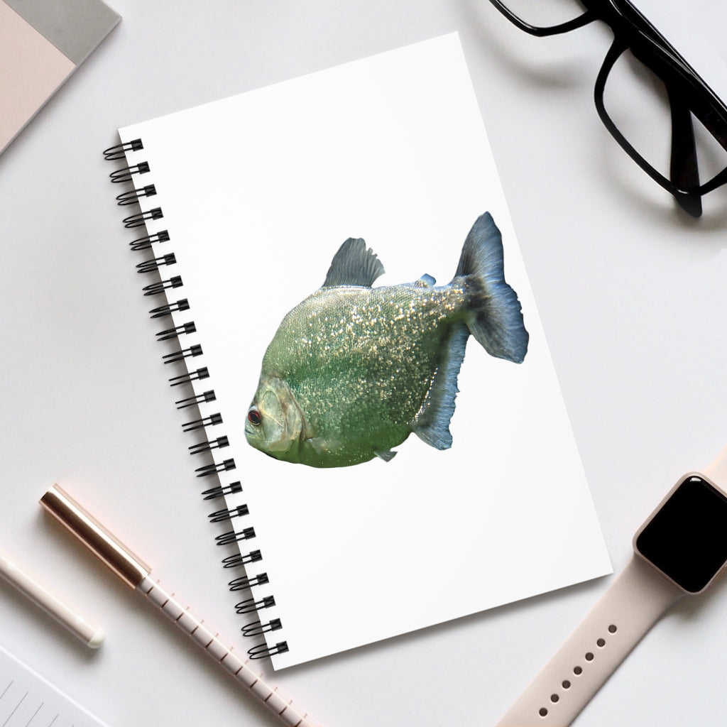 Glitter Green Fish Spiral Journal featuring a vibrant fish design, available in multiple styles including blank, dot grid, lined, and task manager.