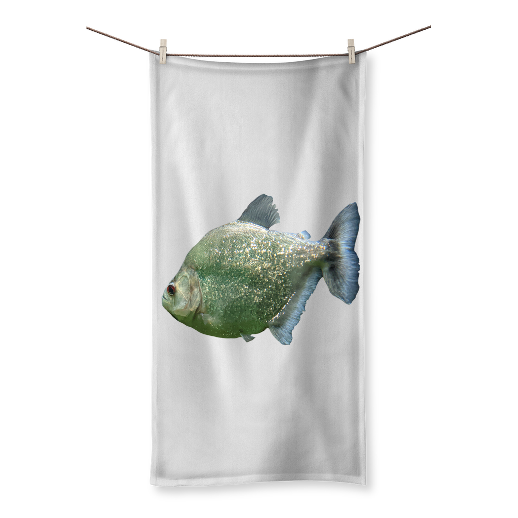 Glitter Green Fish Sublimation All Over Towel featuring vibrant fish designs on a soft polyester front and absorbent cotton back.