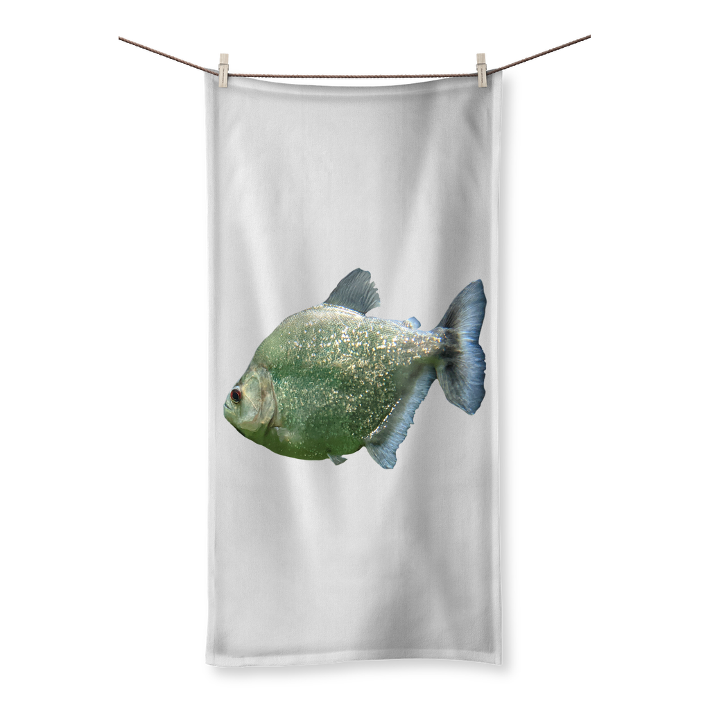 Glitter Green Fish Sublimation All Over Towel featuring vibrant fish designs on a soft polyester front and absorbent cotton back.