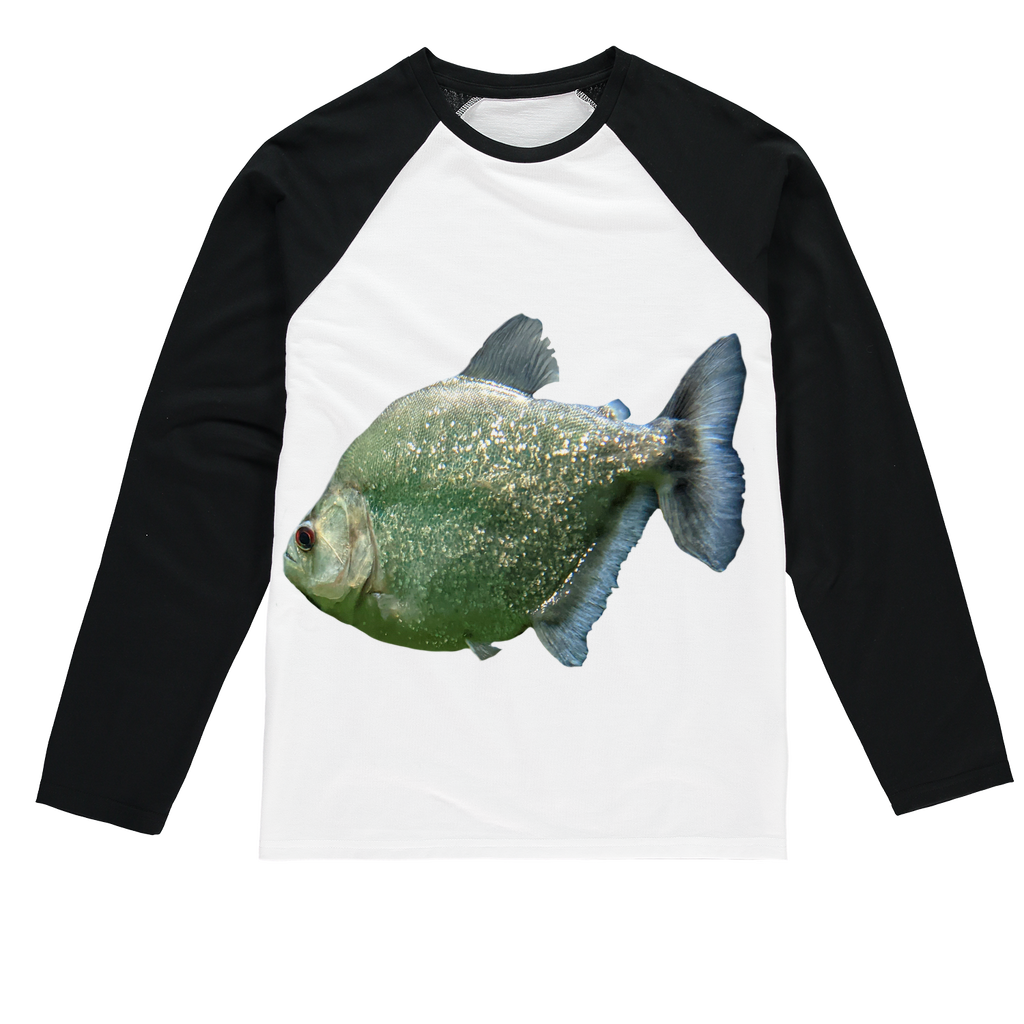 Glitter Green Fish Sublimation Baseball Long Sleeve T-Shirt featuring vibrant fish design and stylish long sleeves.