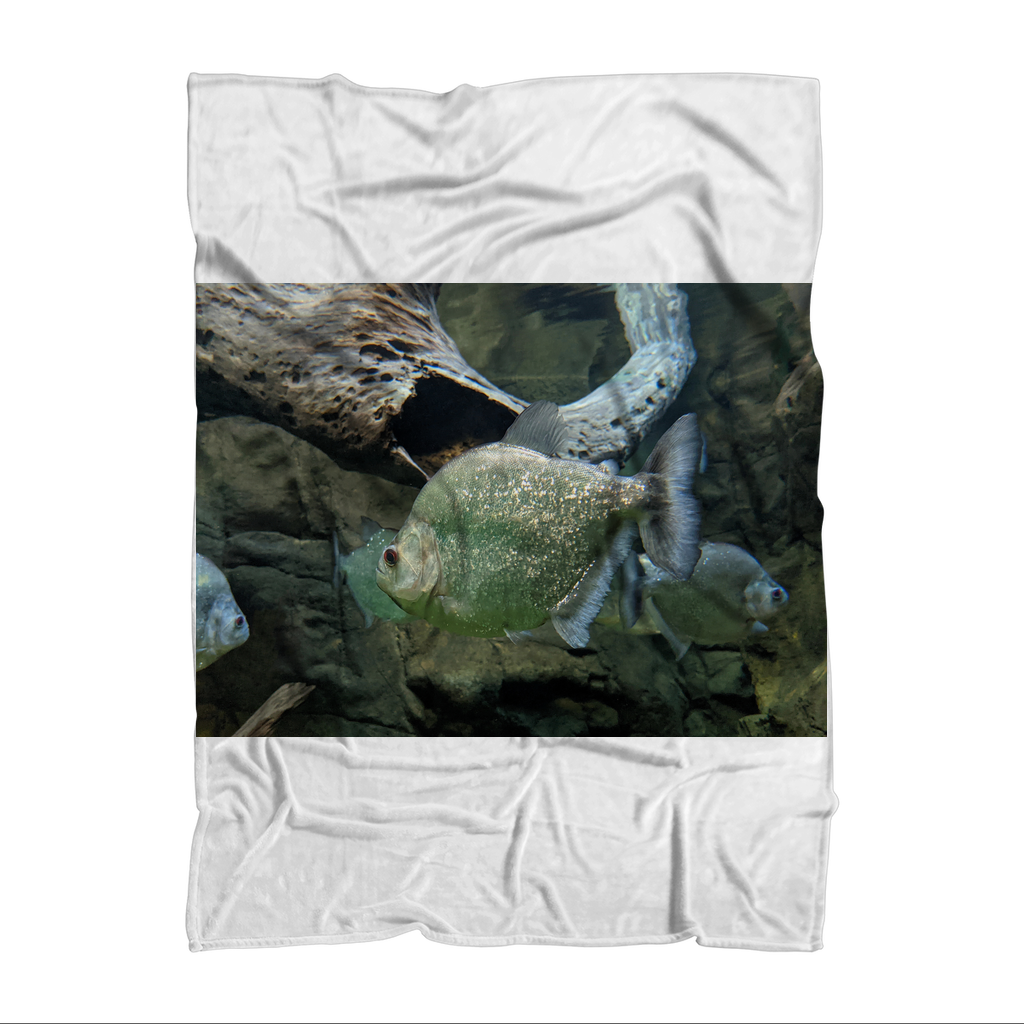 Glitter Green Fish Sublimation Throw Blanket showcasing vibrant fish design on soft fleece fabric.