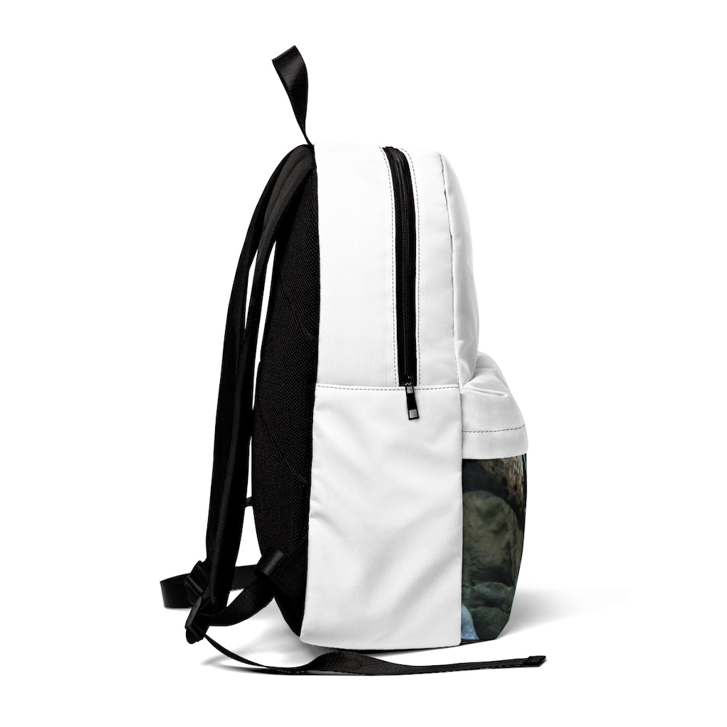 Glitter Green Fish Unisex Classic Backpack showcasing its vibrant design and durable construction.