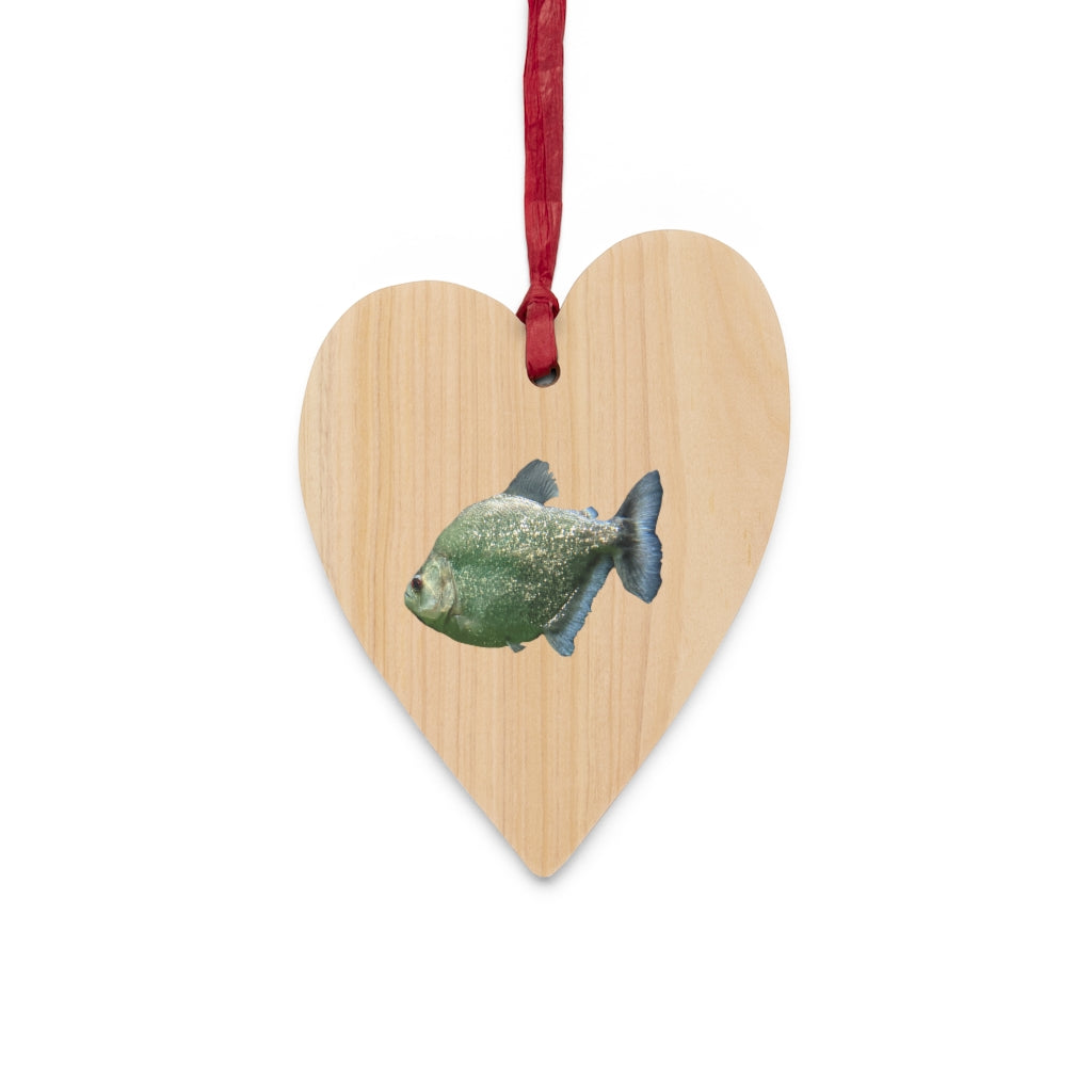Glitter Green Fish Wooden Christmas Ornaments with red ribbon, showcasing whimsical shapes and a rustic wooden finish.