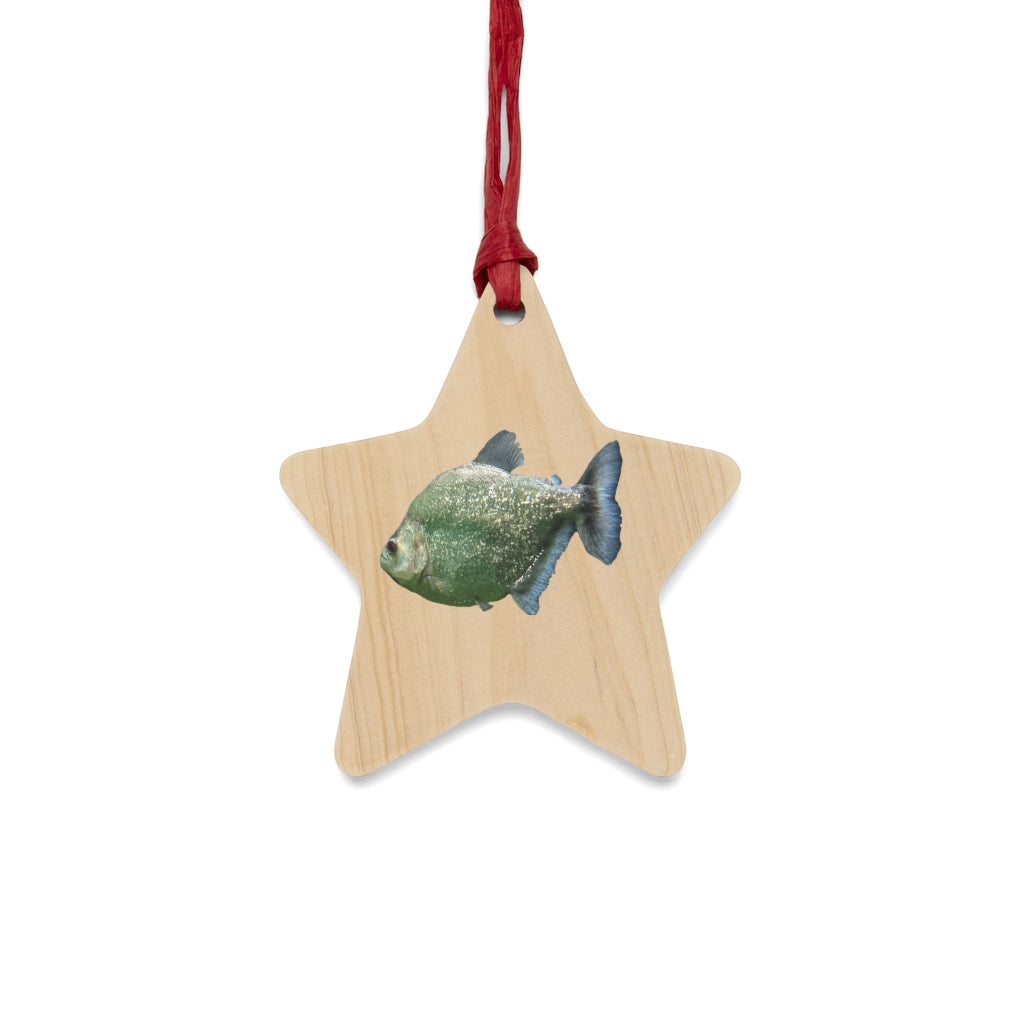 Glitter Green Fish Wooden Christmas Ornaments with red ribbon, showcasing whimsical shapes and a rustic wooden finish.