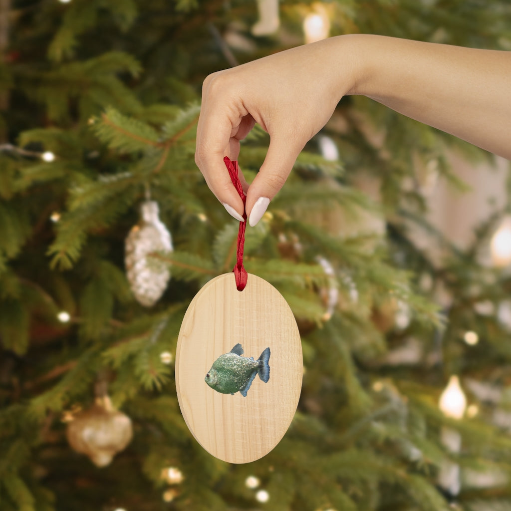 Glitter Green Fish Wooden Christmas Ornaments with red ribbon, showcasing whimsical shapes and a rustic wooden finish.