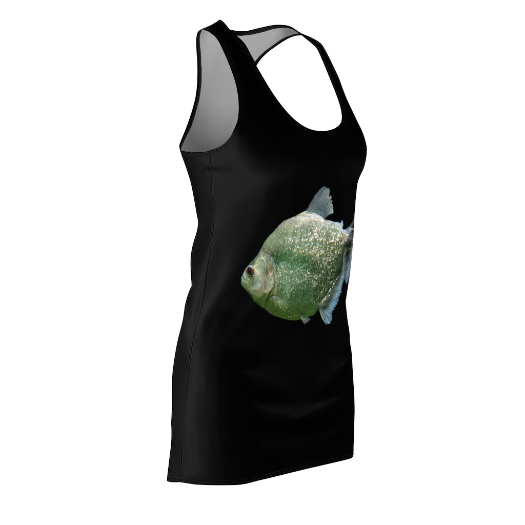 A stylish Glitter Green Fish Women's Cut & Sew Racerback Dress featuring a unique fish pattern, perfect for casual and summer occasions.