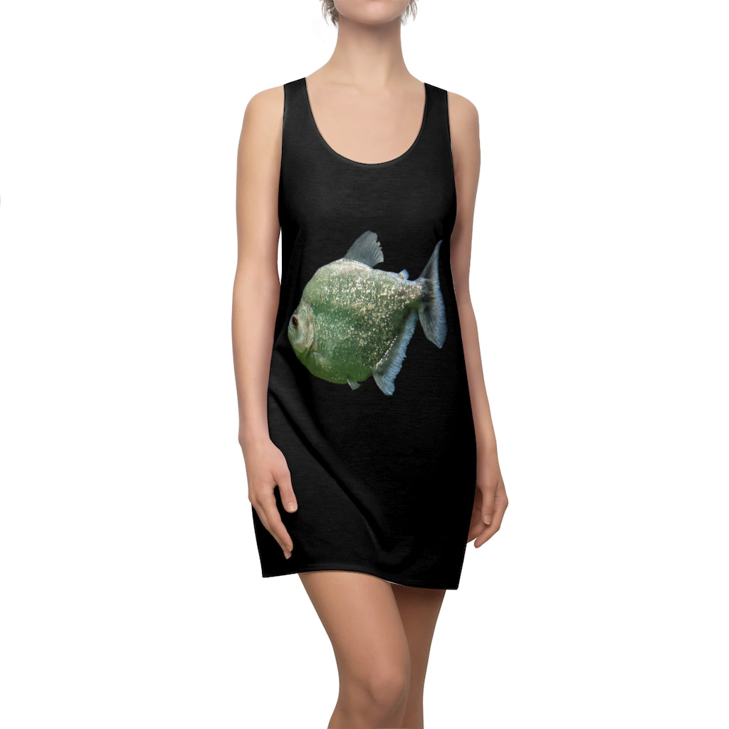 A stylish Glitter Green Fish Women's Cut & Sew Racerback Dress featuring a unique fish pattern, perfect for casual and summer occasions.