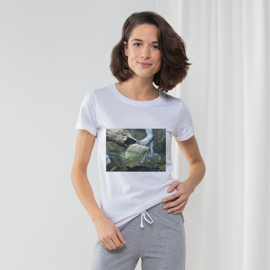 Glitter Green Fish Women's Long Pant Pyjama Set featuring a white t-shirt, striped pants, and a matching drawcord bag, perfect for lounging.